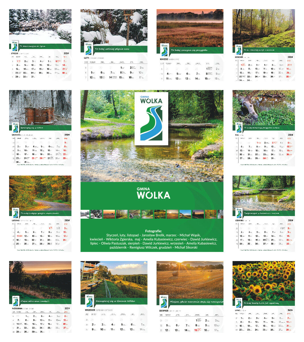 Zdjęcie przedstawia kalendarz z 12 różnymi zdjęciami przyrodniczymi na każdy miesiąc. Sceny zawierają krajobrazy, takie jak pokryte śniegiem drzewa, rzekę, łąkę, oraz kwiaty. Na środku znajduje się herb miejscowości.