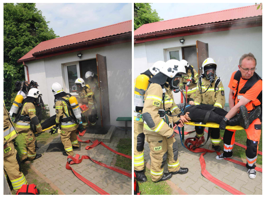 Ewakuacja poszkodowanego z płonącego budynku i przekazanie Zespołowi Ratownictwa Medycznego zaprezentowane przez MDP