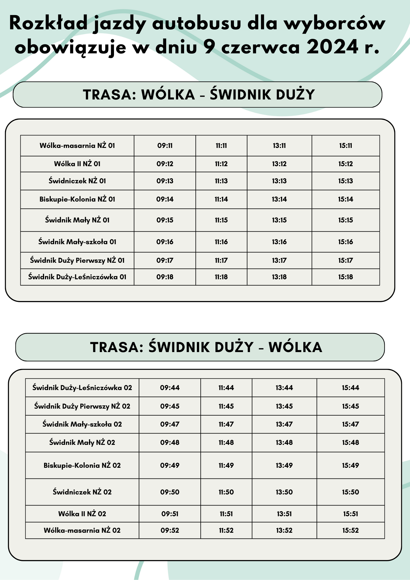 Opis alternatywny: Rozkład jazdy autobusów na trasie Świdnik Duży - Wólka w dniu 9 czerwca 2024 r., zawierający informacje o godzinach odjazdów z poszczególnych przystanków i czasach przejazdu.