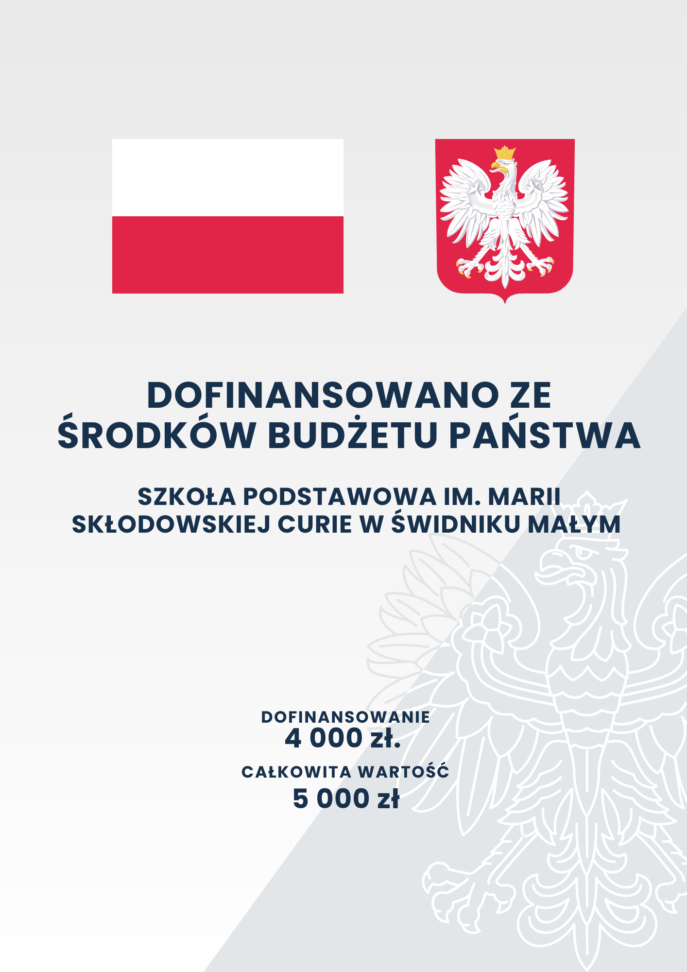 Obraz przedstawia plakat informacyjny z polskimi symbolami narodowymi, informujący o dofinansowaniu szkoły podstawowej z budżetu państwa.