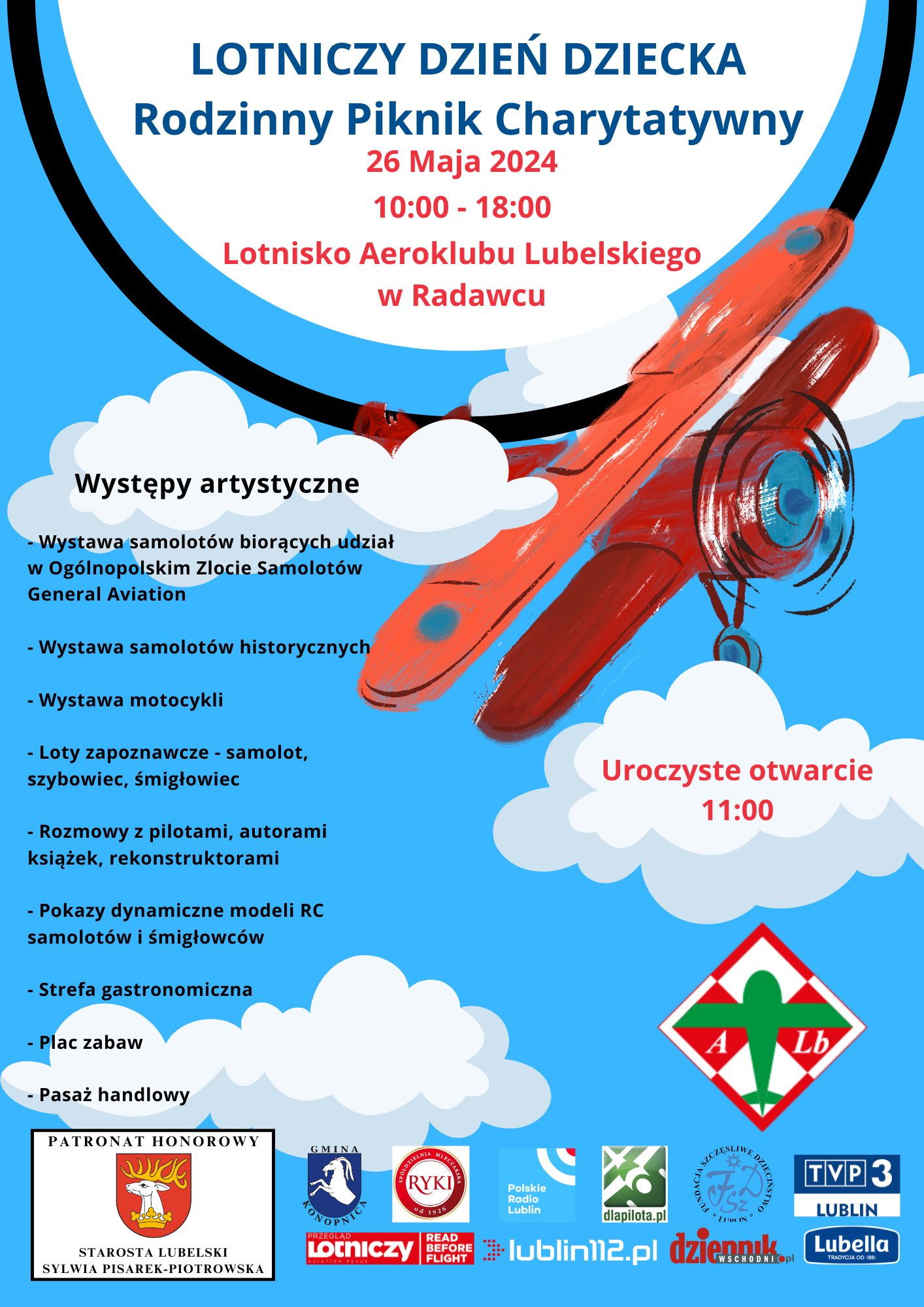 Plakat ogłaszający "Lotniczy Festiwal Rodzinny" 26 maja w Radawcu Dużym z grafiką przypominającą abstrakcyjny samolot, informacjami o wydarzeniach i sponsorach.