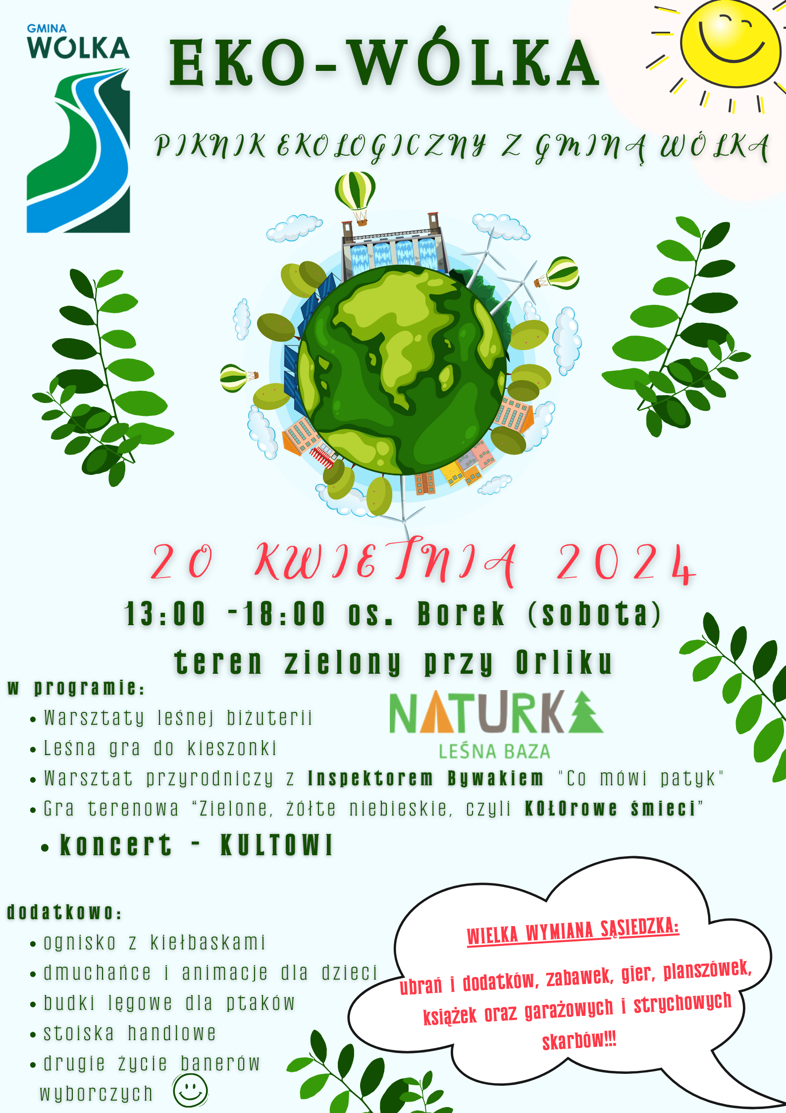 Plakat wydarzenia "Gra Wólka ekologiczna" z grafiką Ziemi, roślin i napisami informującymi o grze terenowej, zajęciach i konkursach z nagrodami.