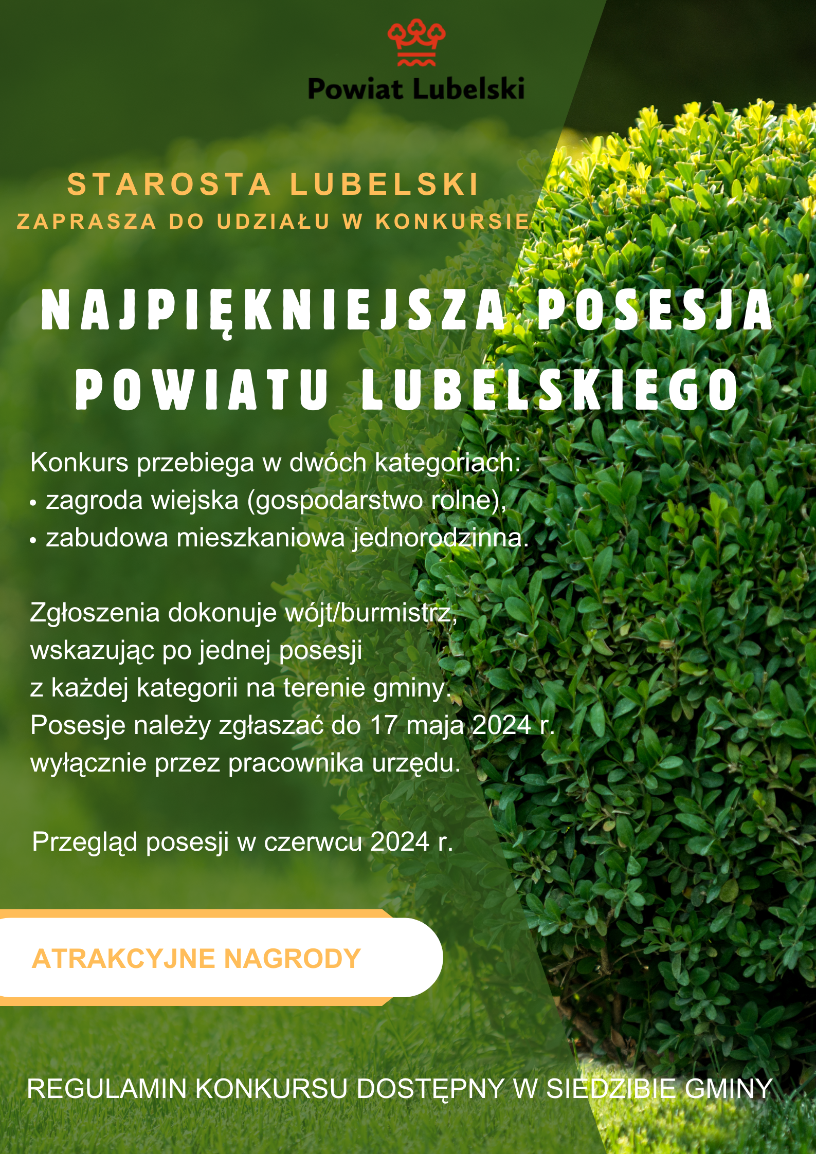 Plakat promocyjny konkursu w Powiecie Lubelskim zachęcający właścicieli gospodarstw rolnych do udziału, z zielonymi roślinami na górze i informacjami o nagrodach oraz regulaminie.