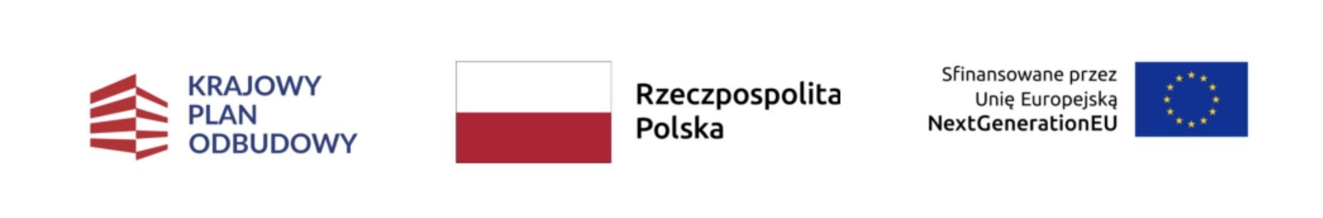 Obraz przedstawia graficzne logo z polską flagą na lewo, napis "Krajowy Plan Odbudowy" po środku, a "Rzeczpospolita Polska" i logo Unii Europejskiej wraz z napisem "Sfinansowane przez Unię Europejską NextGenerationEU" na prawo.