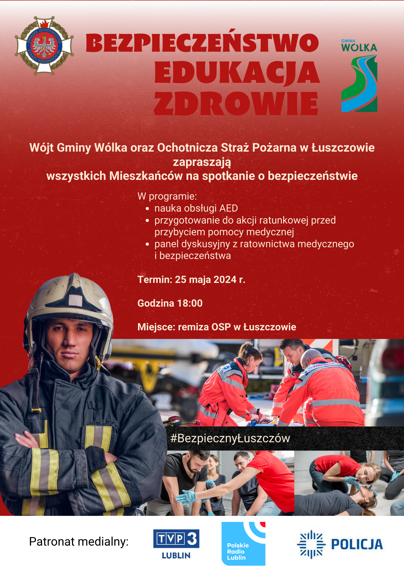 Plakat informacyjny promujący "Dzień Bezpieczeństwa i Ratownictwa" w gminie, z wydarzeniami takimi jak szkolenie z pierwszej pomocy. Zdjęcia strażaków w akcji i logo służb ratunkowych umieszczone są poniżej.