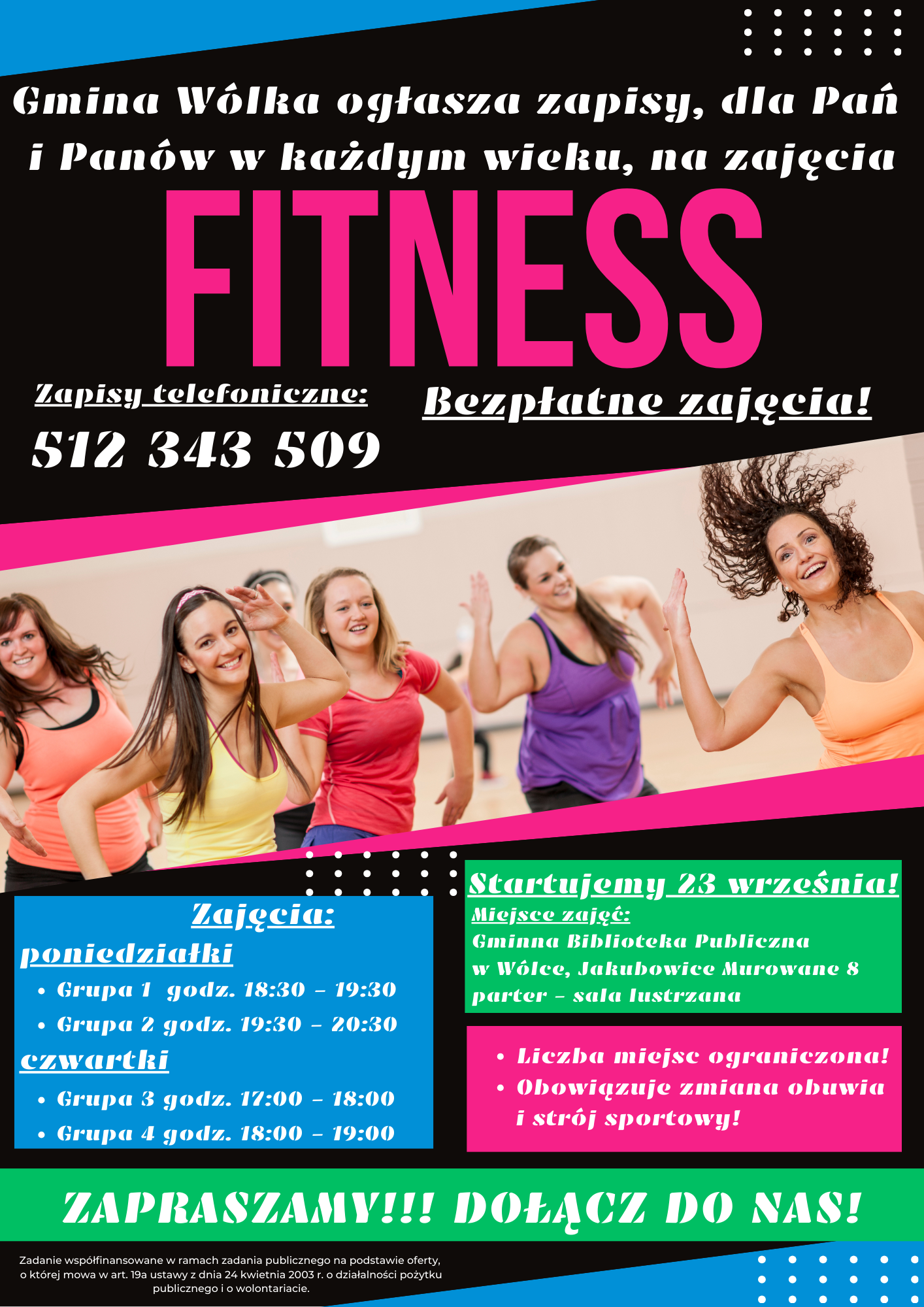 Plakat informacyjny o zapisach na zajęcia fitness w różnych grupach wiekowych i poziomach zaawansowania, z grafiką uśmiechniętych kobiet w sportowym ubraniu, datami i numerem telefonu.