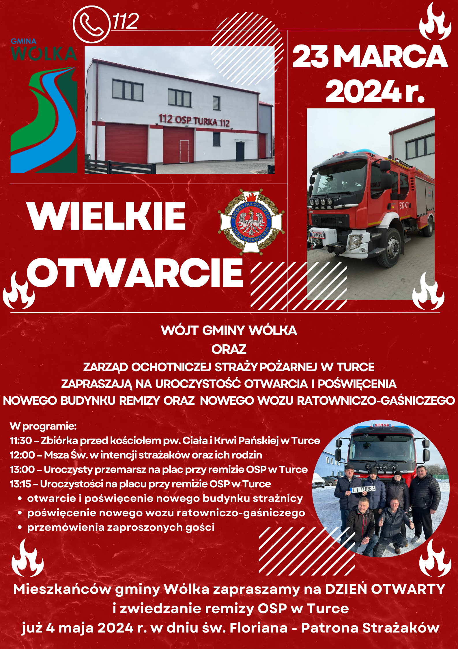 Plakat informacyjny ogłaszający wielkie otwarcie OSP Wołka 23 marca 2024 roku, z grafiką strażackiego wozu bojowego i strażaka, wraz z harmonogramem wydarzeń i kontaktami.