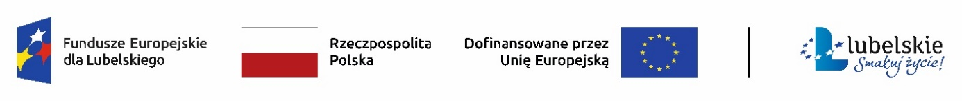 Zdjęcie przedstawia cztery logotypy: Fundusze Europejskie, flaga Polski, napis "Dofinansowano przez Unię Europejską" i logo "Województwo Lubelskie".