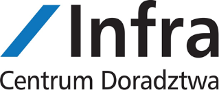 Logo firmy "Infra Centrum Doradztwa" składające się z niebieskiego znaku wyboru i czarnego tekstu na białym tle.