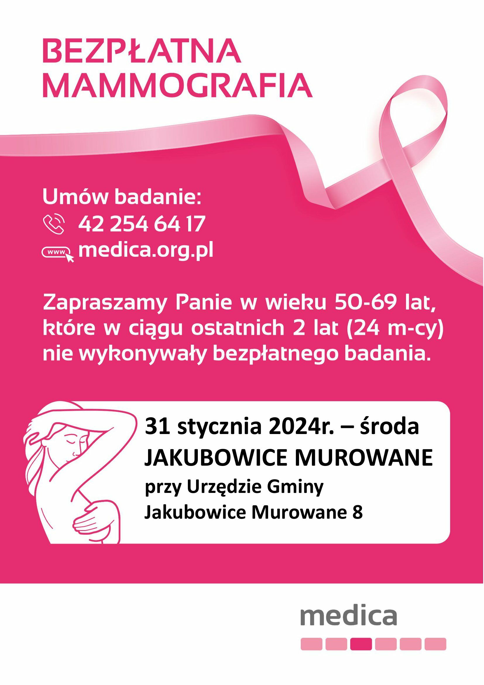 Plakat promujący darmową mammografię z różową wstążką symbolizującą walkę z rakiem piersi, informacjami kontaktowymi oraz datami badań, na różowym tle.
