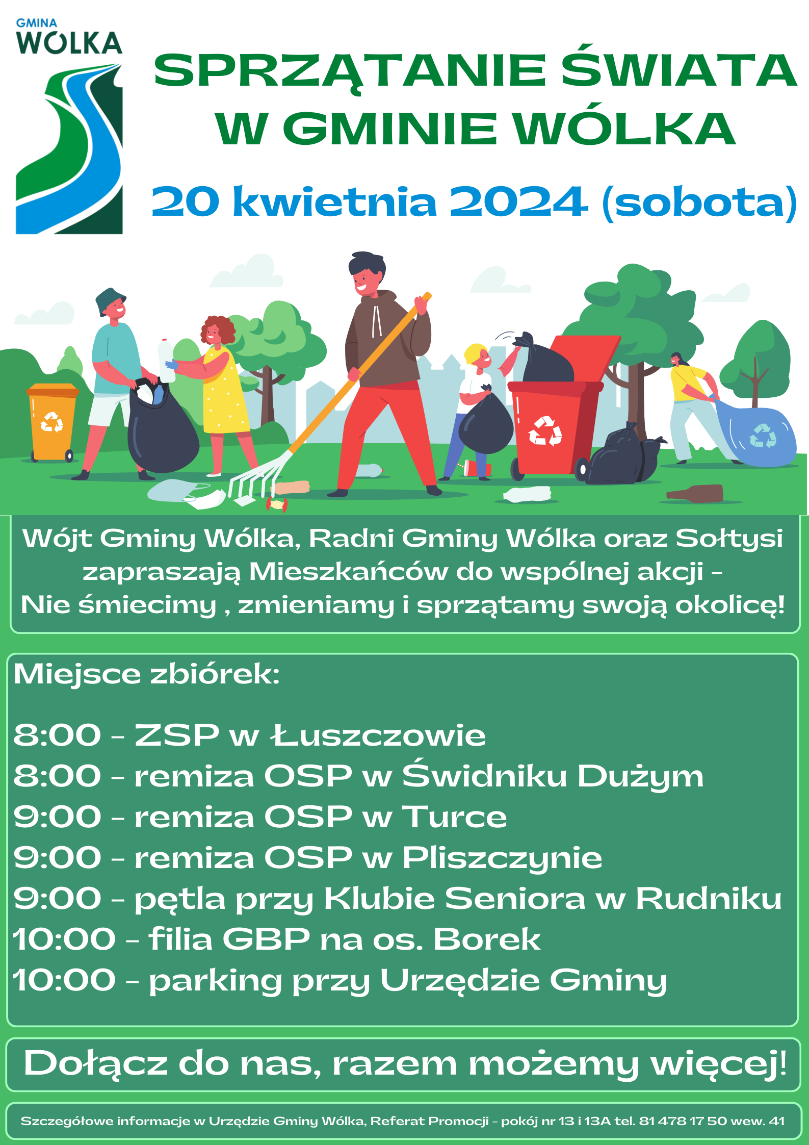 Zdjęcie przedstawia barwny plakat informacyjny o akcji sprzątania "Sprzątanie Świata" w Gminie Wólka, zaplanowanej na 20 kwietnia 2024, z harmonogramem wydarzeń i grafikami ludzi, drzew i śmieci.