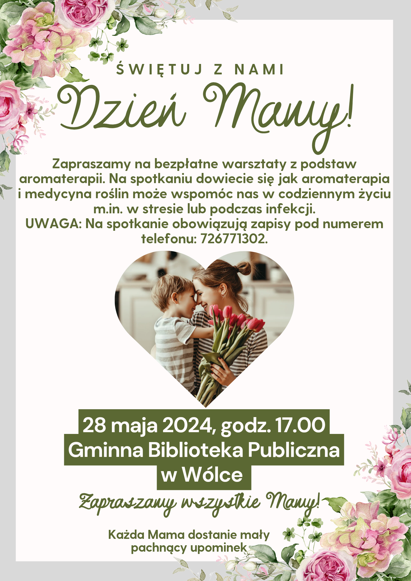 Plakat zapraszający na darmowe warsztaty z okazji Dnia Matki z kwiatowymi obramowaniami, zdjęciem pary tulących się i informacjami o wydarzeniu oraz kontakcie.