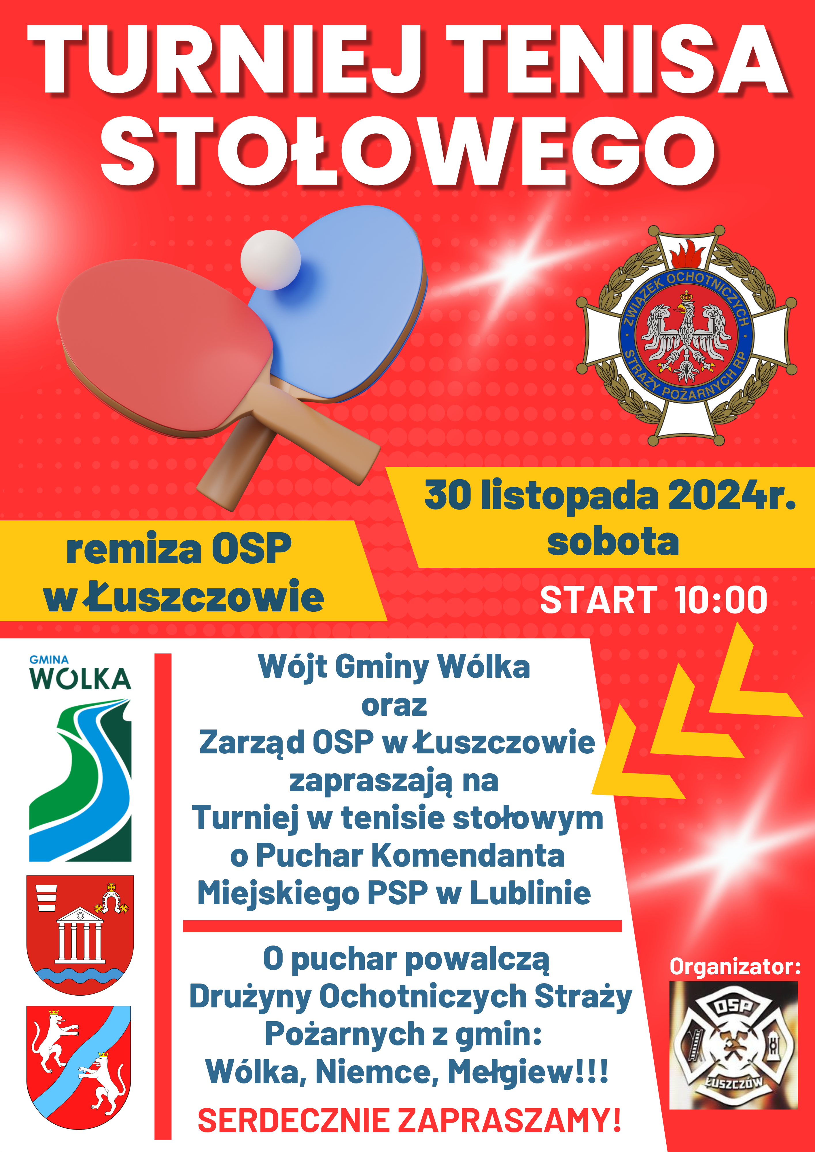 Plakat informacyjny o Turnieju Tenisa Stołowego w Łuszczowie, odbywającym się 30 listopada 2024. Zawiera grafiki rakiet do ping-ponga, logotypy i szczegóły wydarzenia.