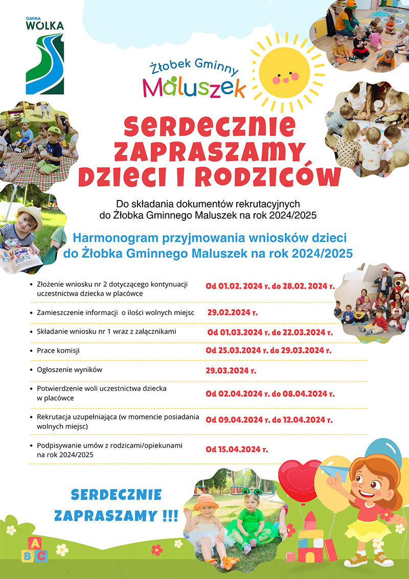 Opis alternatywny: Plakat informacyjny o rekrutacji dzieci do żłobka "Małuszek" z kolorowymi grafikami przedstawiającymi dzieci i zabawki, datami spotkań i warunkami przyjęć.