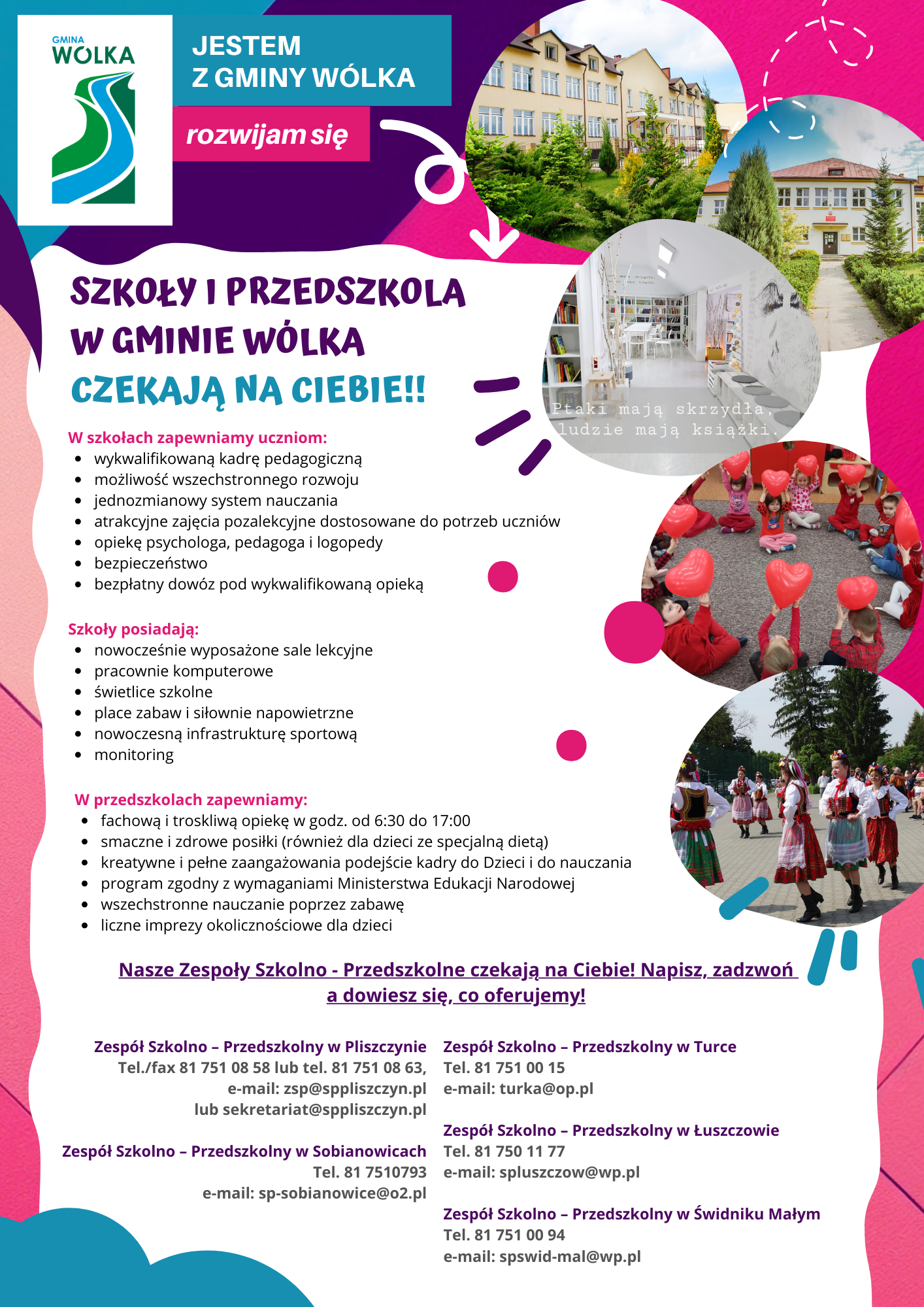 Plakat promocyjny szkoły przedszkolnej w Wólce, z różowymi i białymi akcentami, zdjęciami budynków i dzieci, oraz informacjami kontaktowymi i logo szkoły.