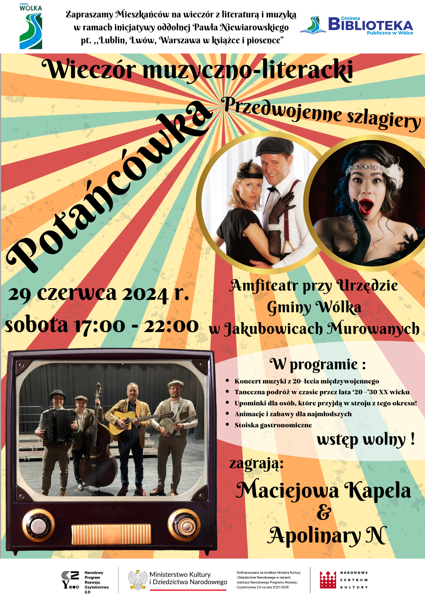 Plakat zapowiadający koncert "Wieczór z muzyką retro" z datą i miejscem wydarzenia, zdjęciami artystów, starym gramofonem i informacjami o programie.