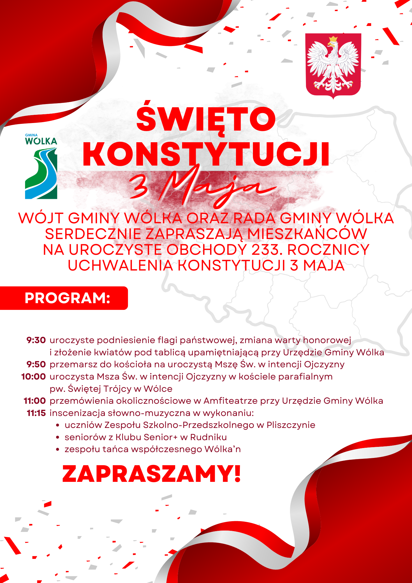 Plakat zapraszający na obchody Święta Konstytucji 3 Maja w gminie Wólka z harmonogramem uroczystości, w tle mapa Polski, elementy w kolorach narodowych.
