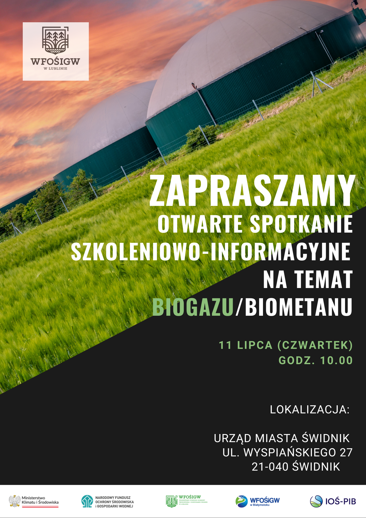 Plakat informacyjny zapraszający na otwarte spotkanie szkoleniowo-informacyjne o biogazie/biomecie organizowane przez WFOŚiGW. Podano datę, godzinę i lokalizację wydarzenia.