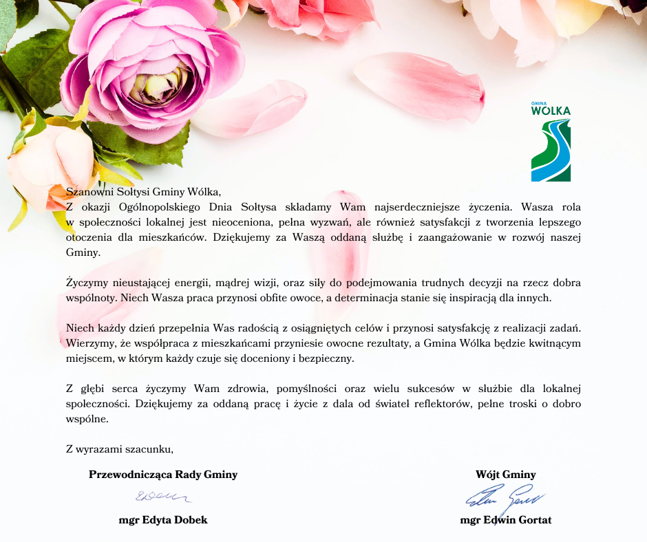 Opis obrazka: List z podziękowaniami od Gminy Wólka na oficjalnym papierze z różowymi tulipanami i białymi kwiatami w lewym górnym rogu. Na dole podpisy dwóch osób.