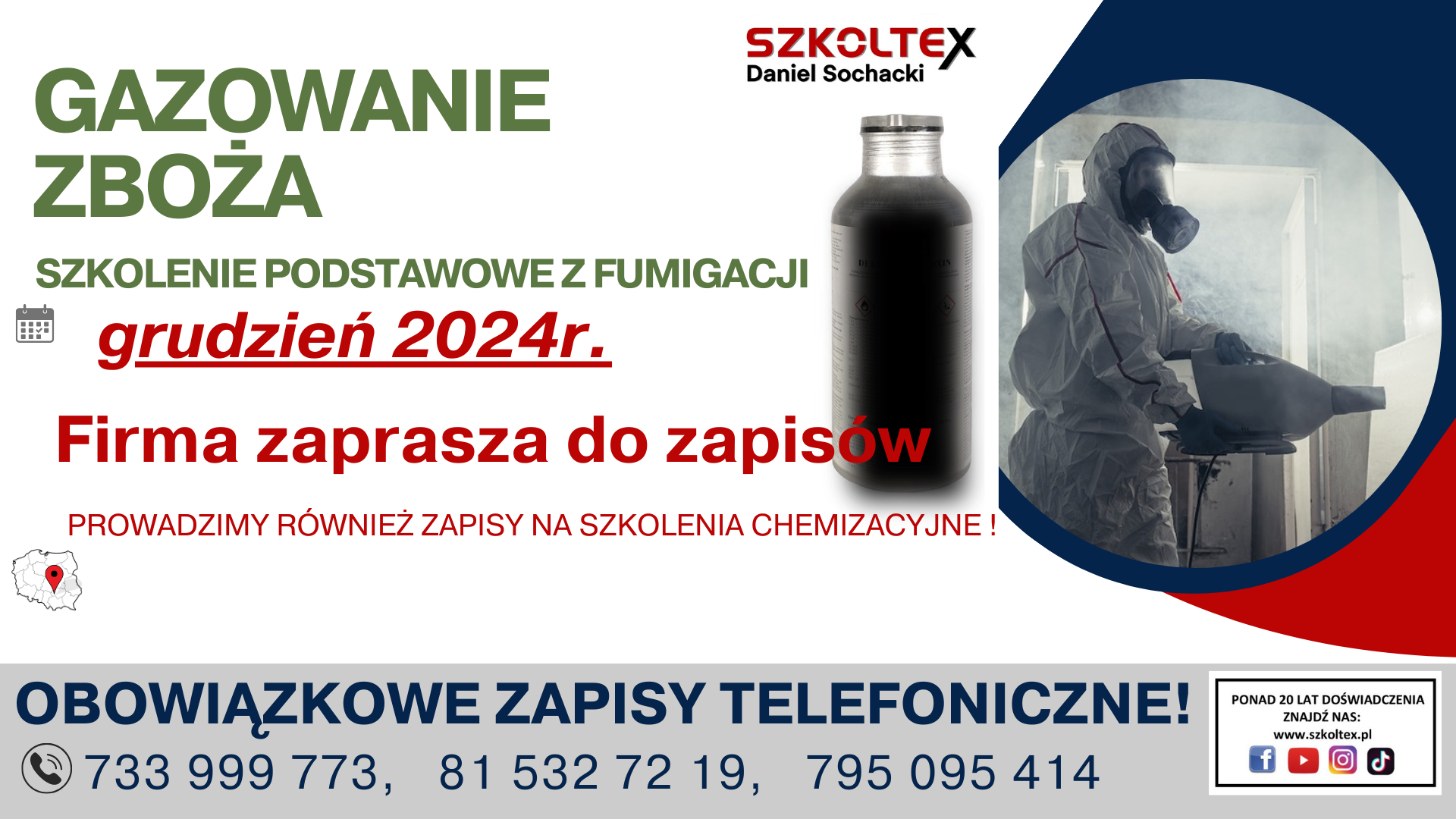 Plakat reklamowy promujący gazowanie ziarna oraz szkolenia z fumigacji. Zawiera tekst, numery telefonów i wizerunek osoby w maskie ochronnej przy pracy.