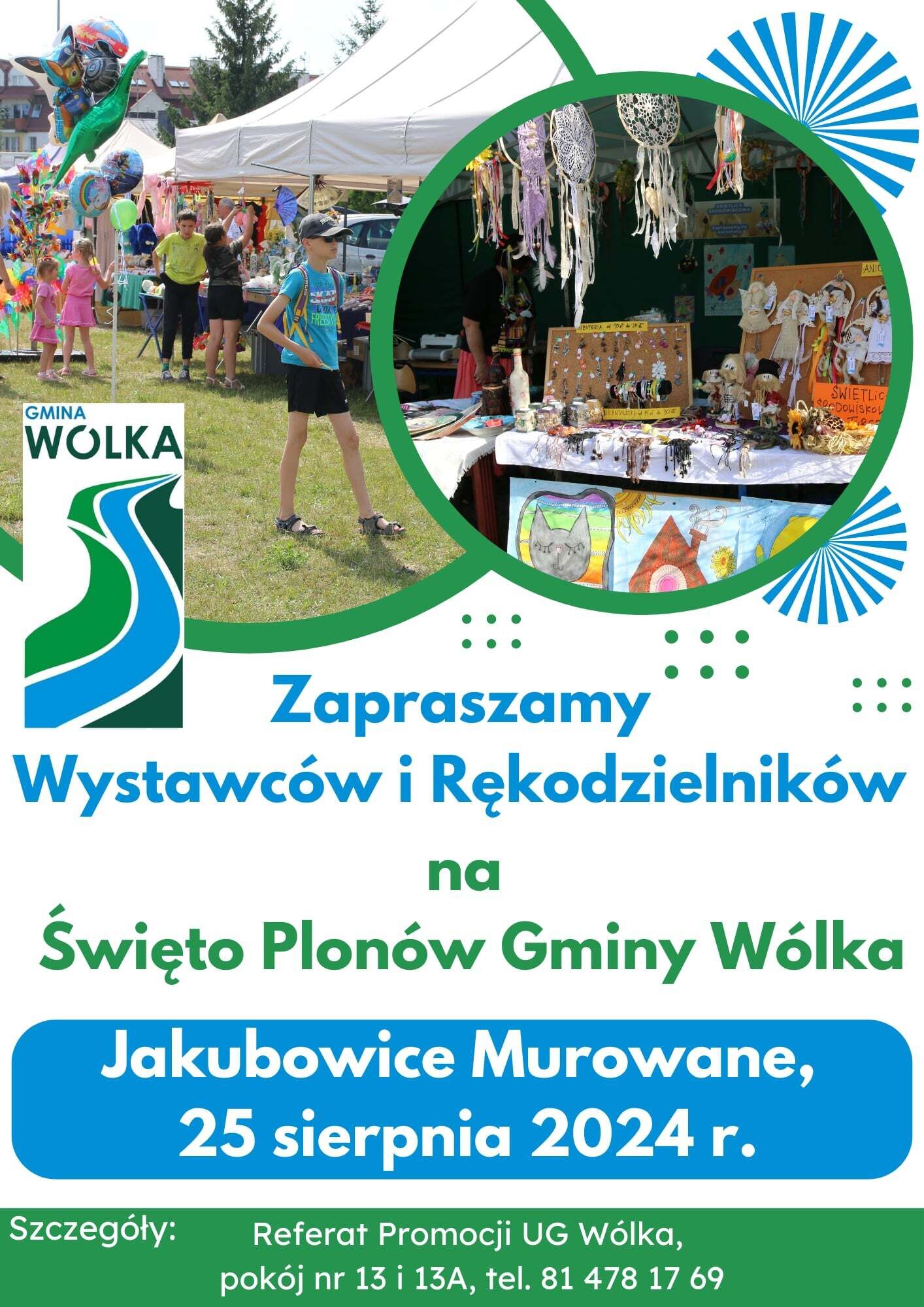 To zdjęcie to plakat informacyjny ogłaszający wydarzenie dla wystawców i rękodzielników w Gminie Wólka, które odbędzie się 25 sierpnia 2024 r. Zawiera grafiki przedstawiające ludzi i stoiska z rękodziełem.