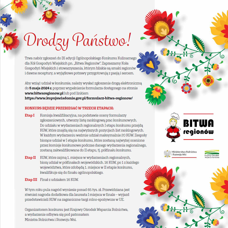 Zdjęcie przedstawia plakat informacyjny z polskim tekstem, zawierający kolorowe grafiki, między innymi kwiaty i motyle, oraz napis "Drodzy Państwo!" w czerwonej ramce.