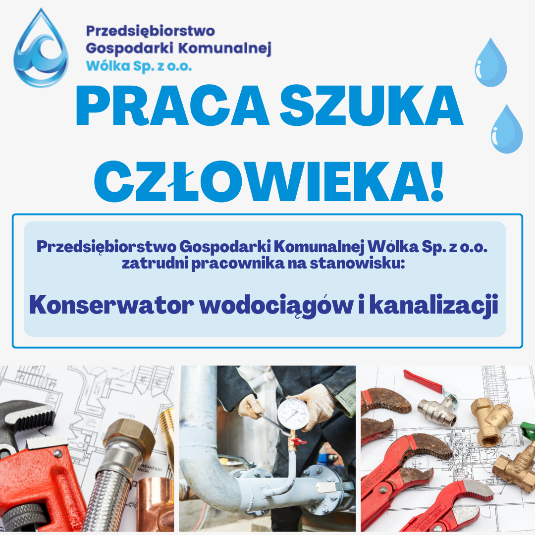 Plakat reklamowy ogłaszający pracę w komunalnej gospodarce wodnej z grafikami narzędzi hydraulicznych i elementów hydrauliki.