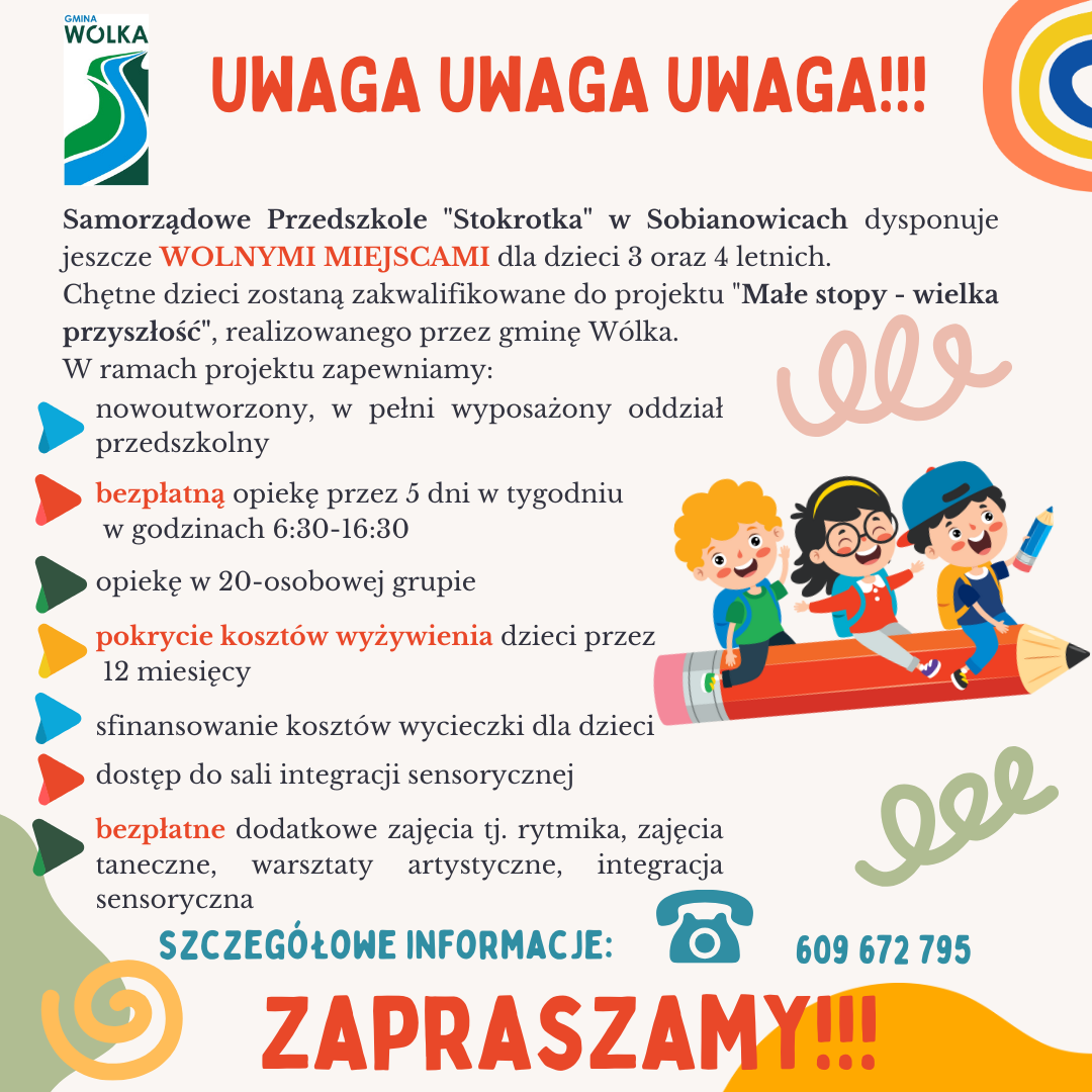 Plakat informacyjny ogłaszający otwarcie przedszkola "Stokrotka" z różnokolorowym tekstem i grafikami, w tym uśmiechniętą słońcem i numerem telefonu.