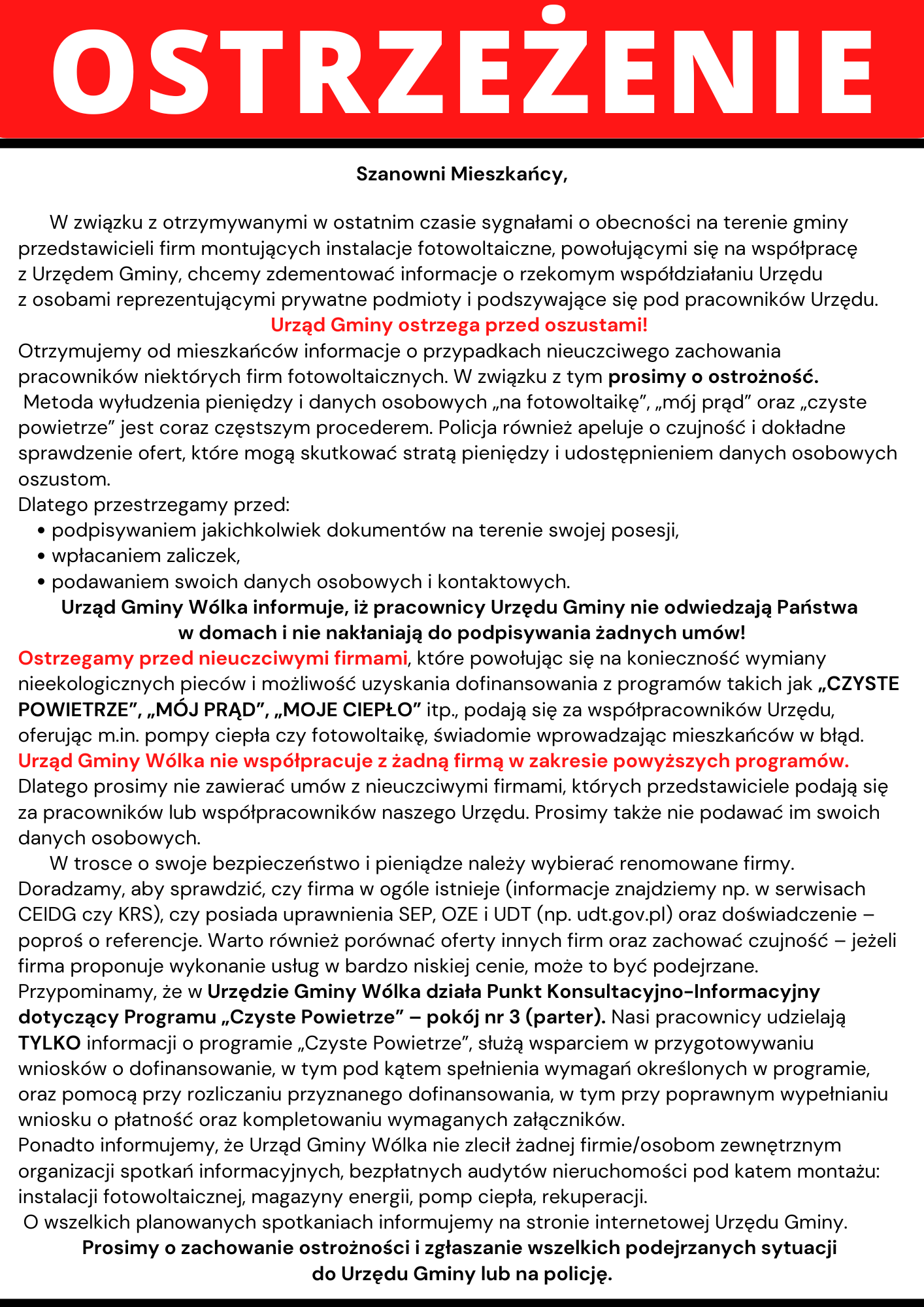 Zdjęcie przedstawia czerwono-biały dokument z polskim tekstem, który jest ostrzeżeniem lub ogłoszeniem skierowanym do mieszkańców. Jest to oficjalny komunikat z nagłówkiem "OSTRZEŻENIE" u góry.