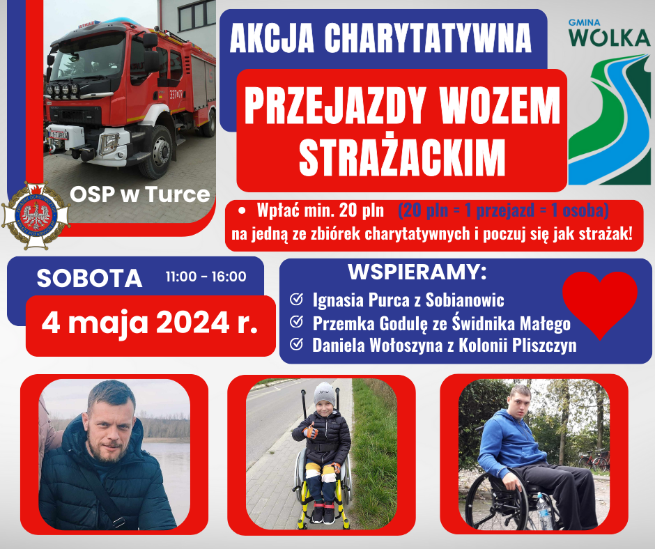 Zdjęcie przedstawia plakat informacyjny o akcji charytatywnej z przejazdami wozem strażackim, wspieraną przez trzy osoby. Plakat zawiera daty, logo OSP i gminy.