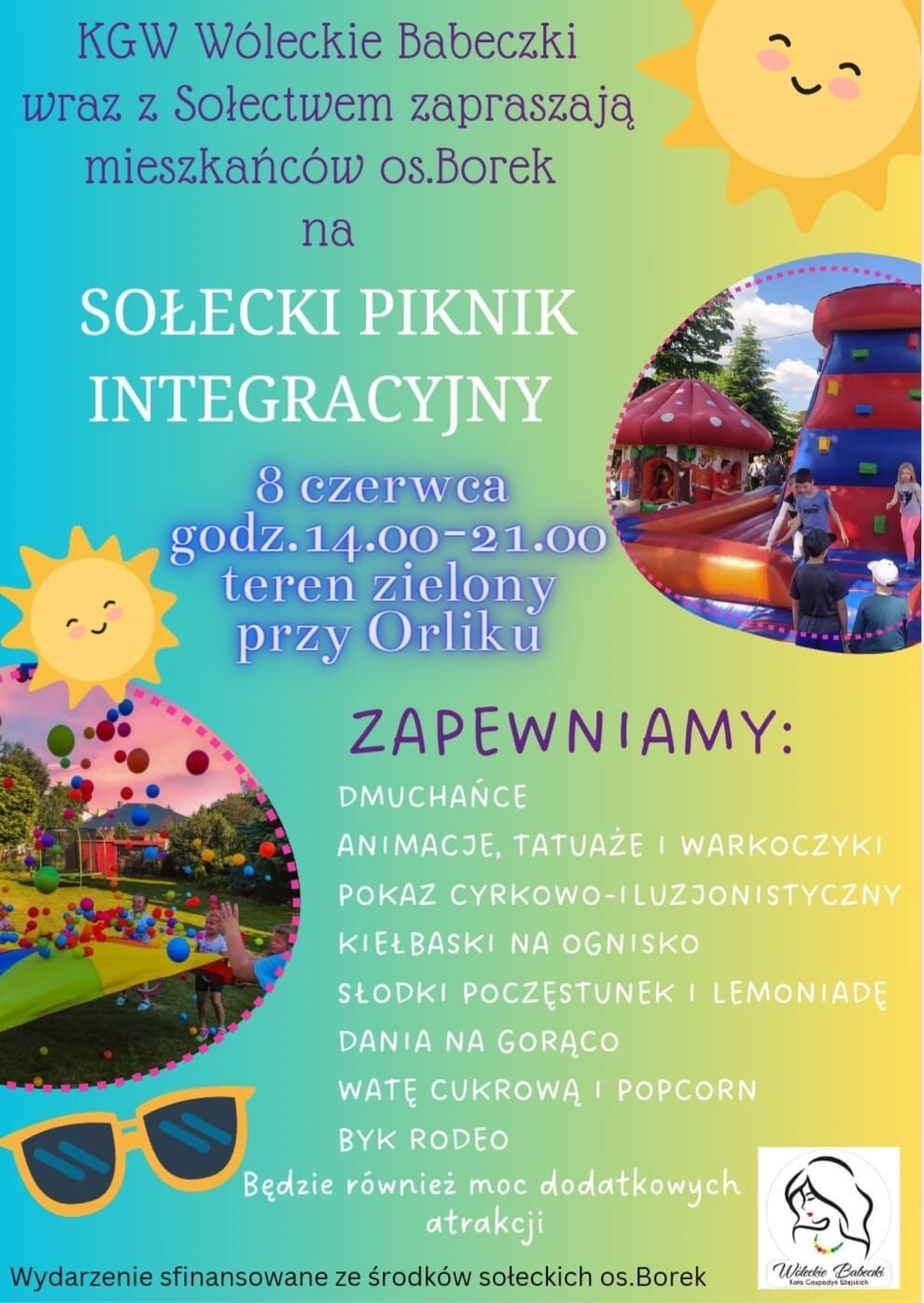 Plakat zapraszający na "Sołecki Piknik Interakcyjny", pokazujący grafiki słońca, dmuchanego zamku i popcornu, z informacjami o atrakcjach, takich jak animacje, tańce i poczęstunek.
