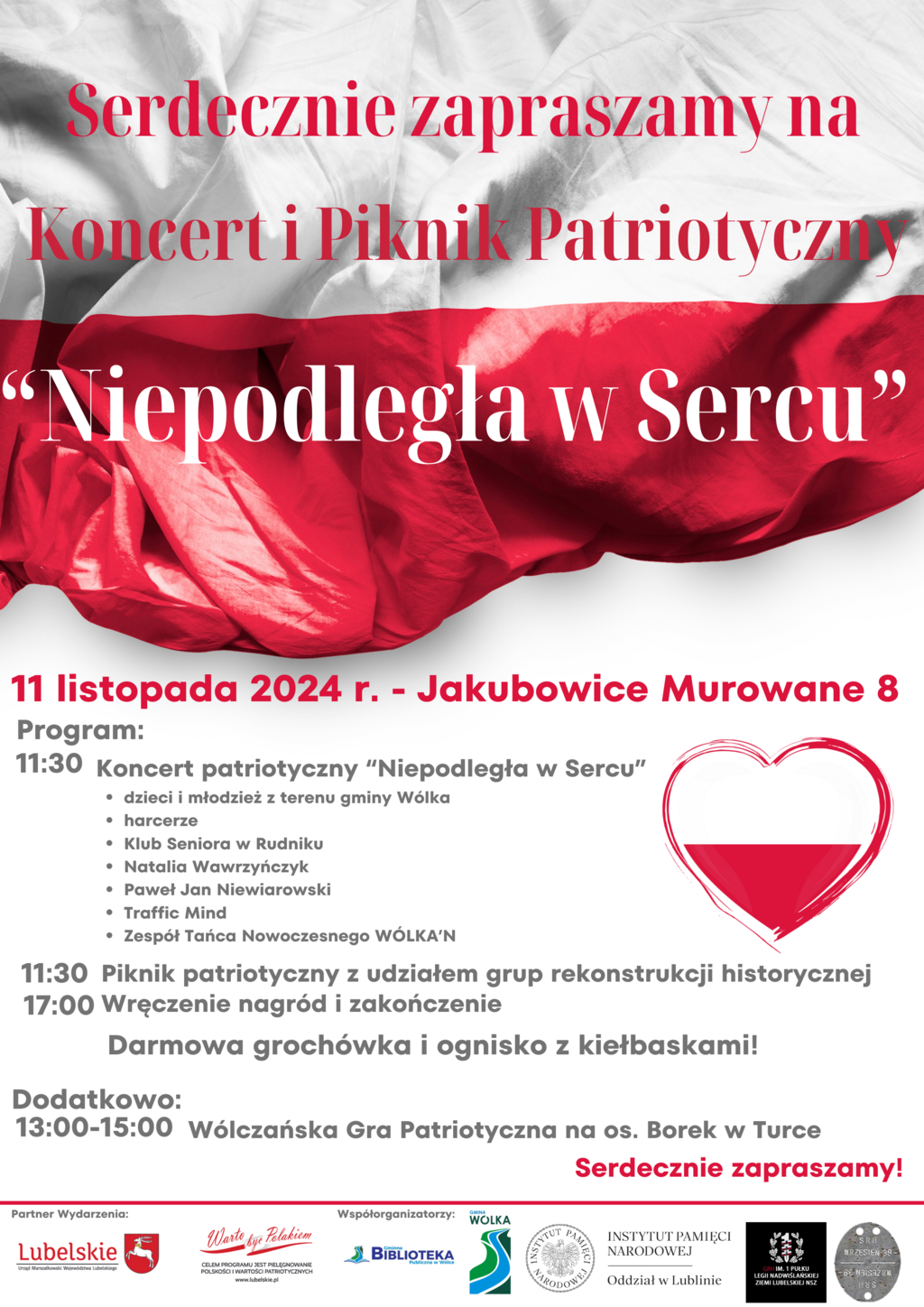 Plakat zapowiadający wydarzenie "Koncert i Piknik Parafialny - Niepodległa w Sercu" z datą, miejscem i harmonogramem, wyróżniającym czerwonym i białym kolorem oraz grafiką serca.