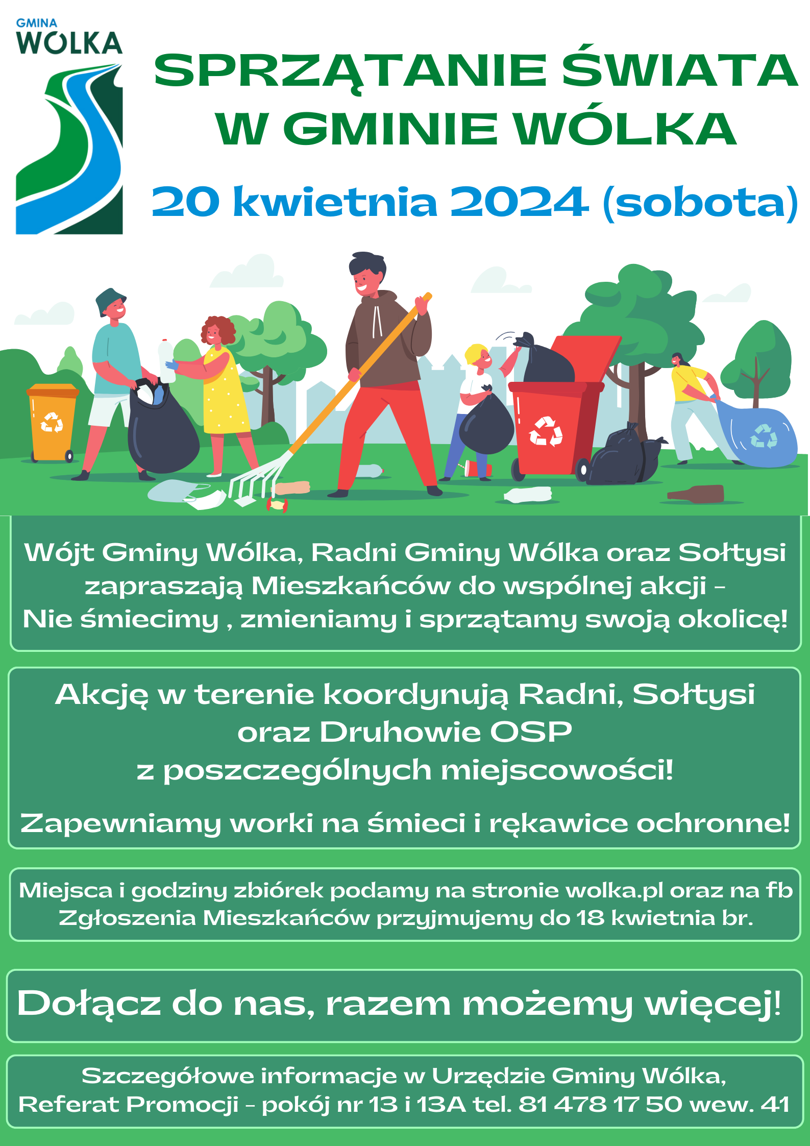 Plakat zaprasza na akcję sprzątania środowiska "Wiosenna Wólka" w dniu 22 kwietnia 2024. Rysunki osób zbierających śmieci i segregujących odpady, zielone drzewa i symbole recyklingu.