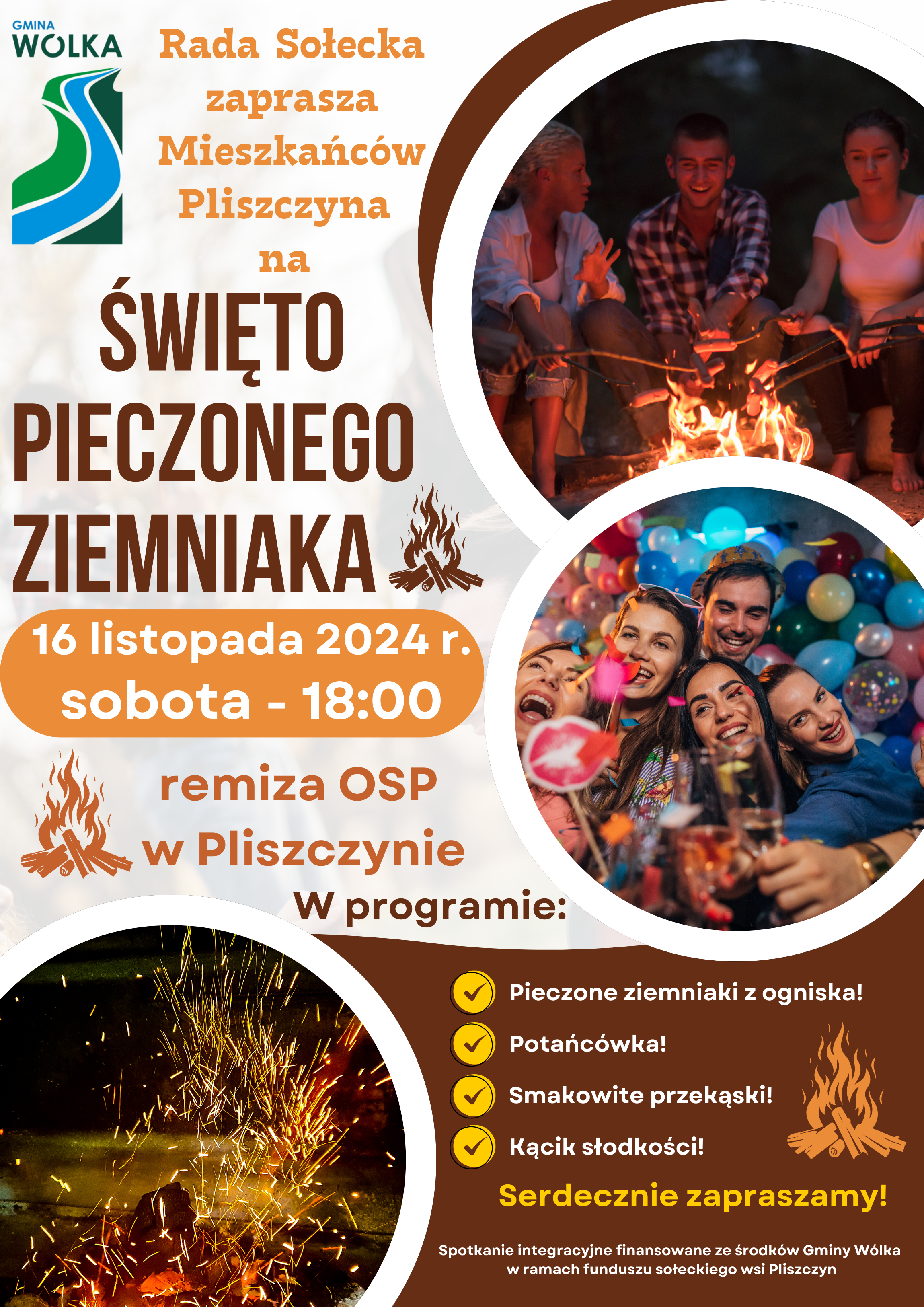 Plakat informujący o "Święcie Ziemniaka" w remizie OSP z datą 16 listopada, godz. 18:00. Zdjęcia ludzi bawiących się przy ognisku i fajerwerkach.