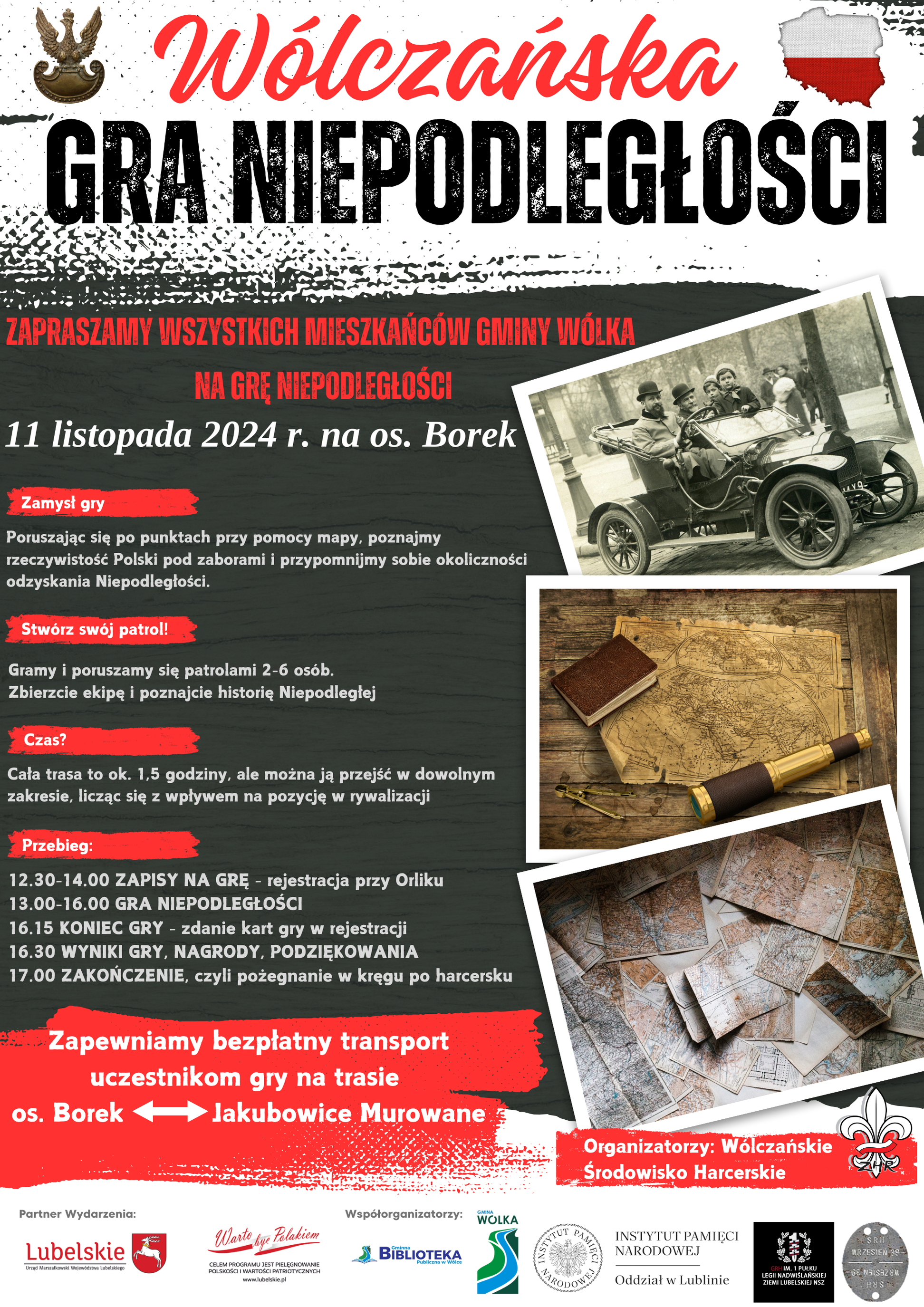 Plakat wydarzenia o nazwie "Gra Wielopokoleniowa" z informacjami o miejscu, czasie i aktywnościach, zabytkowym samochodem i zdjęciami grup ludzi, logosy organizatorów na dole.