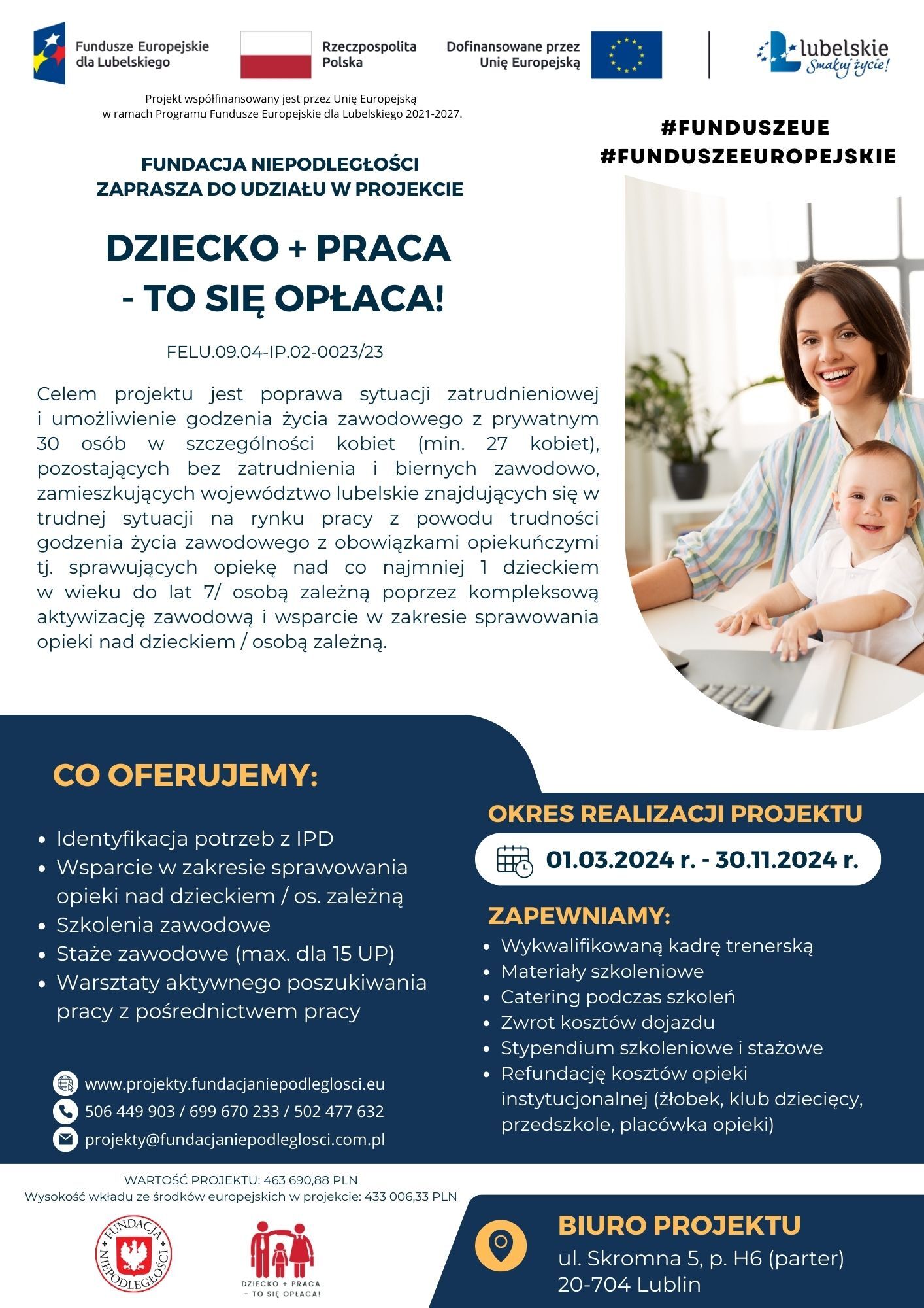 Zdjęcie przedstawia plakat informacyjny Fundacji Niezłomni o projekcie "Dzięki -004P-0023CA - TO SIĘ OPŁACA" skierowanym do osób z niepełnosprawnościami. Zawiera informacje o celach projektu, oferowanej pomocy, terminie realizacji oraz dane kontaktowe. Na dole widoczne są logotypy partnerów.