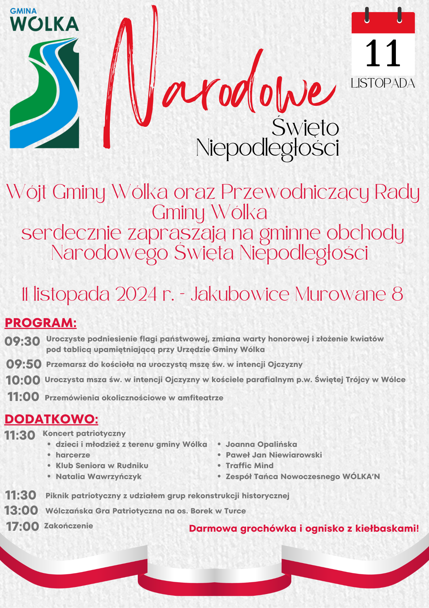 Opis alternatywny: Plakat informacyjny o obchodach Święta Niepodległości w Gminie Wólka z zaplanowanym programem wydarzeń, w tym uroczystymi zgromadzeniami, występami muzycznymi i rodzinnych atrakcjach.
