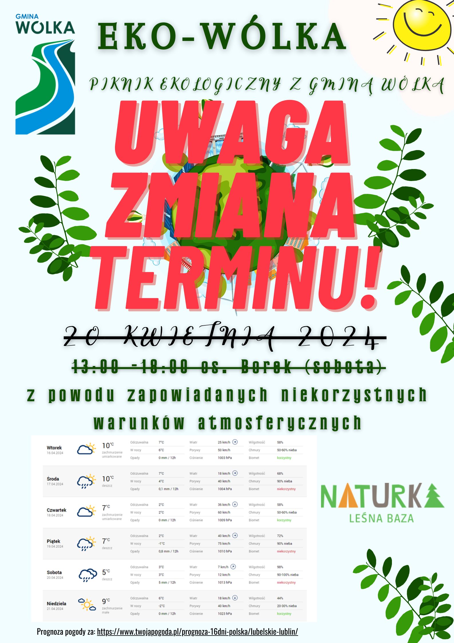 Plakat informacyjny o pikniku ekologicznym z grafikami liści, wyraźnymi hasłami jak "Uwaga zmiana terminu!" oraz szczegółami wydarzenia, datą, godziną, miejscem i prognozą pogody.