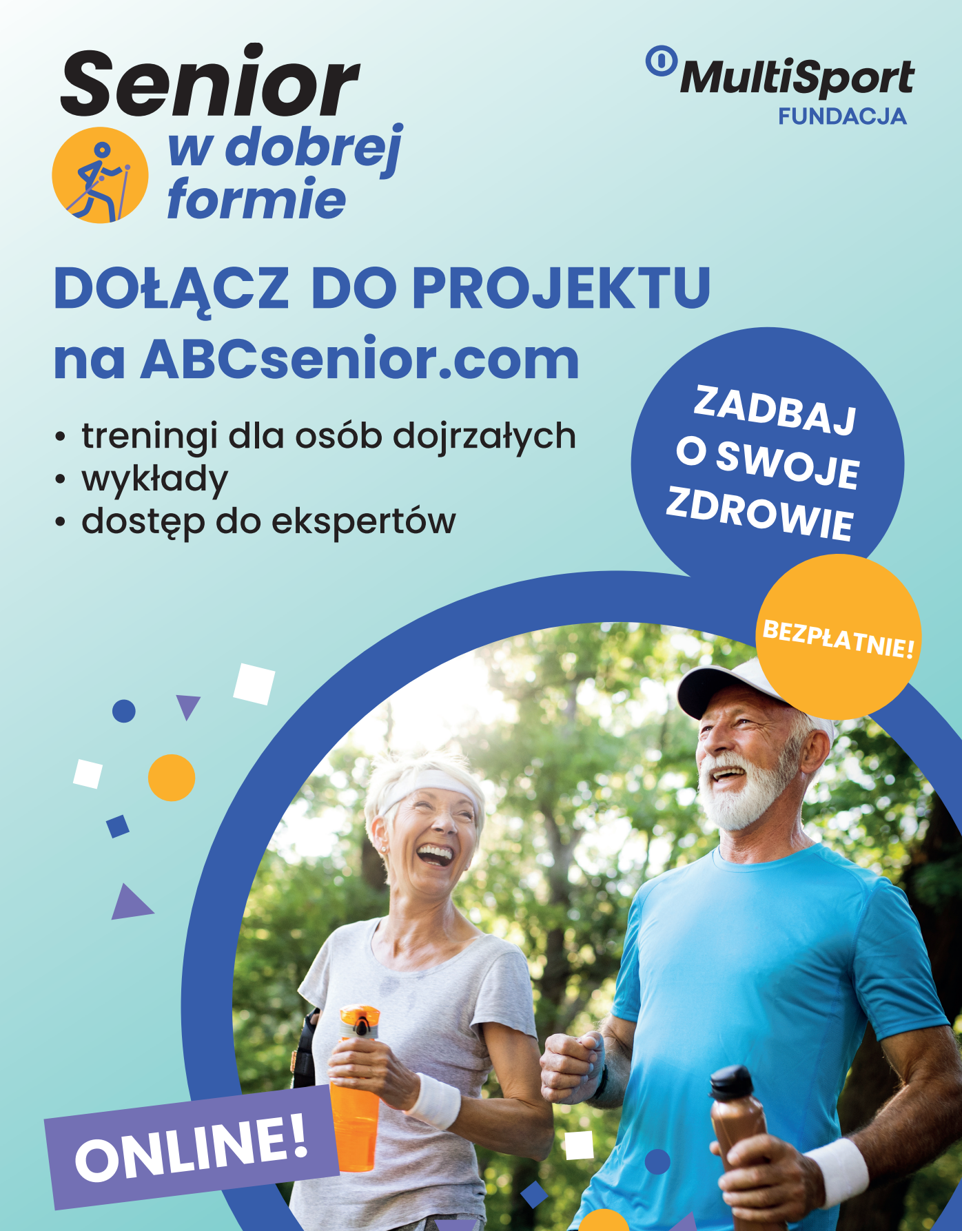 Starszy mężczyzna i kobieta biegną uśmiechnięci w parku. Plakat promuje projekt "Senior w dobrej formie" z treningami i ekspertami online.