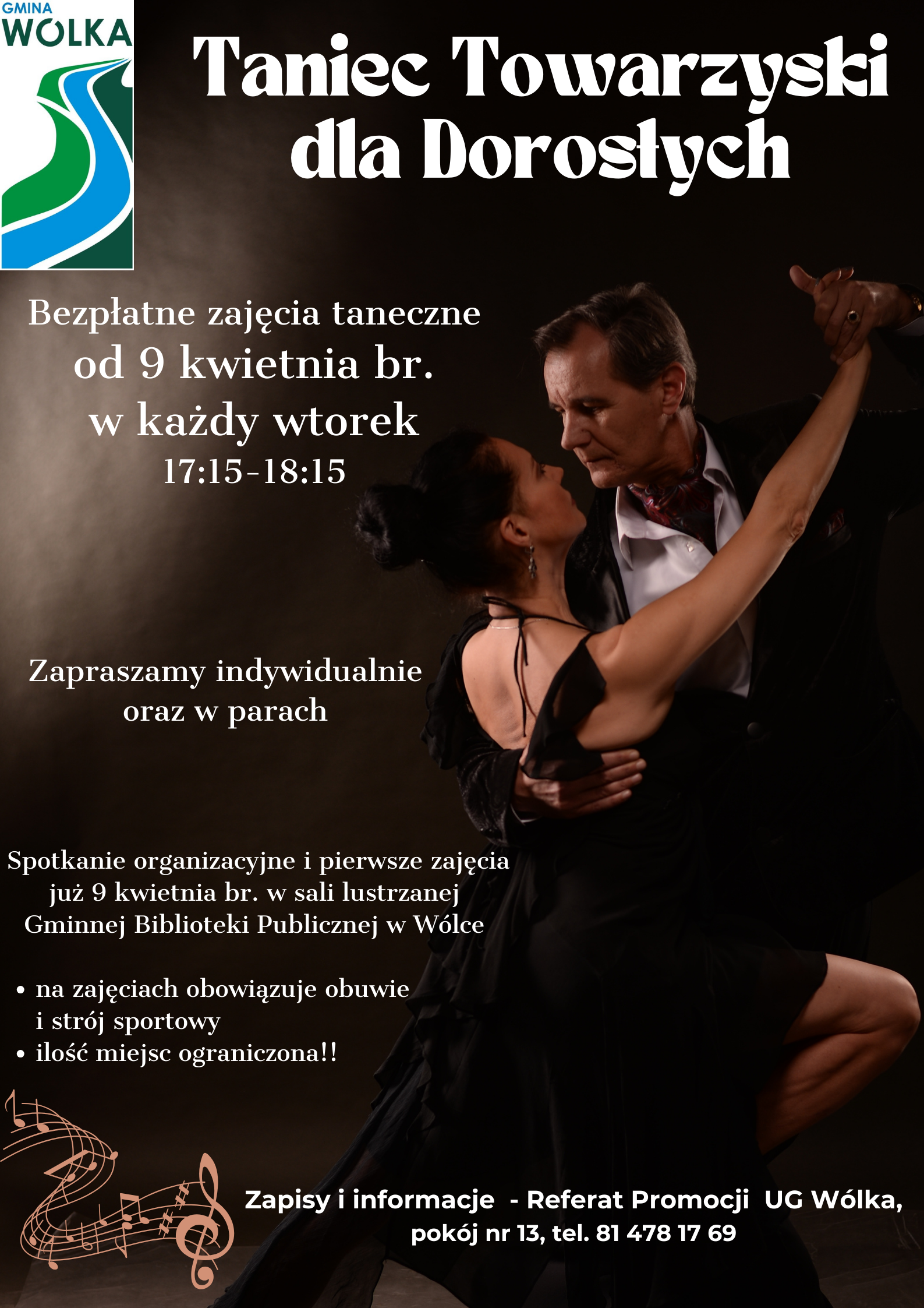 Plakat promujący darmowe lekcje tańca towarzyskiego, przedstawiający parę tańczącą tango. Informacje o zajęciach, miejscu i kontakcie.