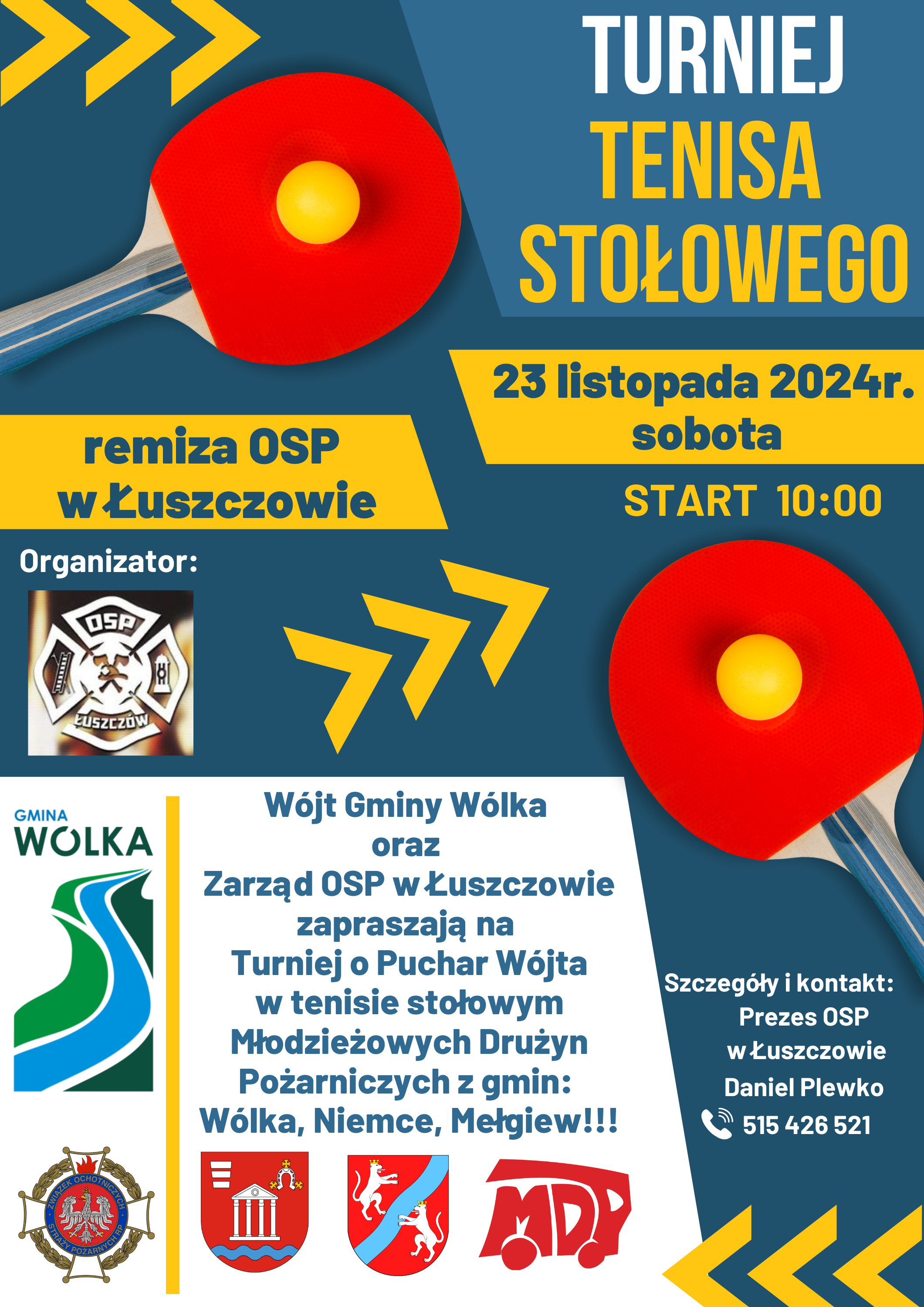 Plakat promujący turniej tenisa stołowego w Kuszkowie w dniu 23 lipca, zaczynając o godzinie 10:00, organizowany przez OSP Kuszkowo i gminę. Grafika zawiera rakiety do ping-ponga, piłeczki oraz informacje o nagrodach i organizatorach.