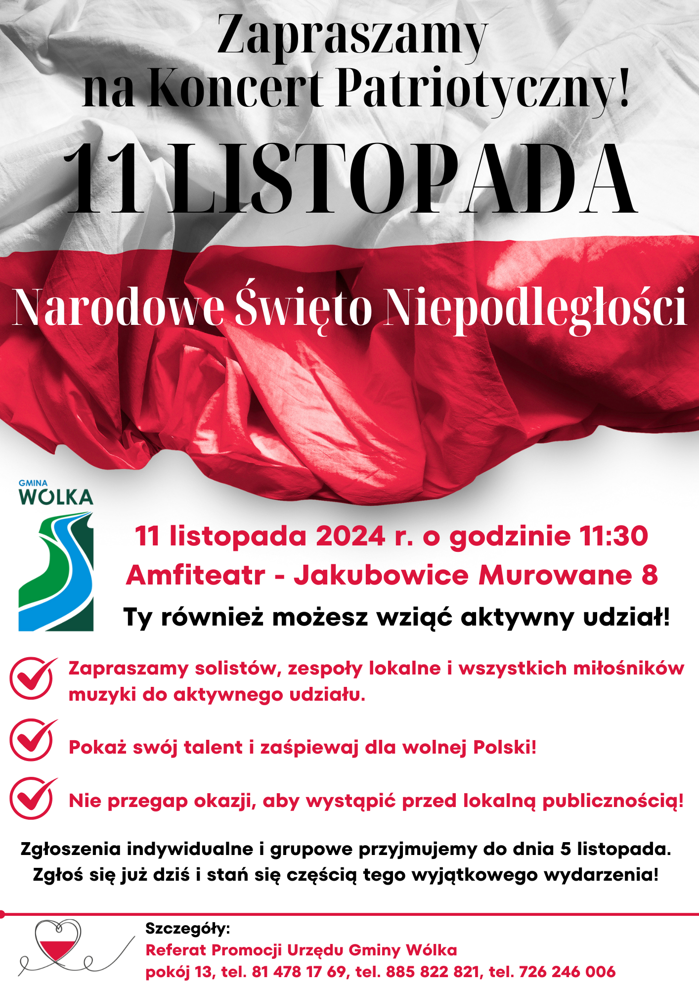 Zdjęcie przedstawia plakat zapowiadający "Koncert Patriotyczny na listopad" z okazji Narodowego Święta Niepodległości. Znajdują się na nim informacje o wydarzeniu, daty, logo organizatorów oraz kontakt.