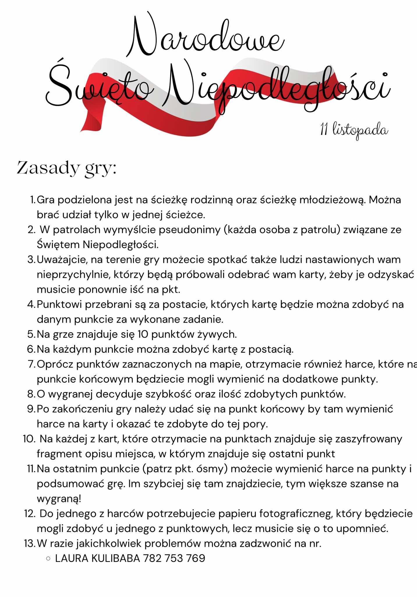 Opis alternatywny: Plakat z instrukcjami do gry o tematyce detektywistycznej, zabarwiony czerwienią z białym i czarnym tekstem. Na szczycie słowo "Narodowe" z elementem graficznym przypominającym lupę.