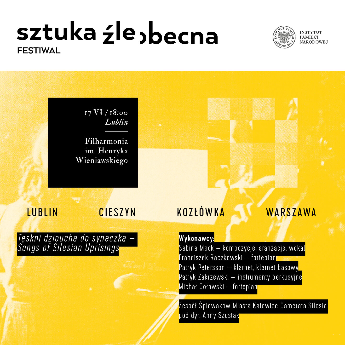 Plakat promujący festiwal "Sztuka Żlebecna" z datą, miejscem i wykonawcami. Dominują czarno-białe zdjęcia oraz żółte prostokąty z białym i czarnym tekstem. W tle zarys postaci z instrumentem muzycznym.