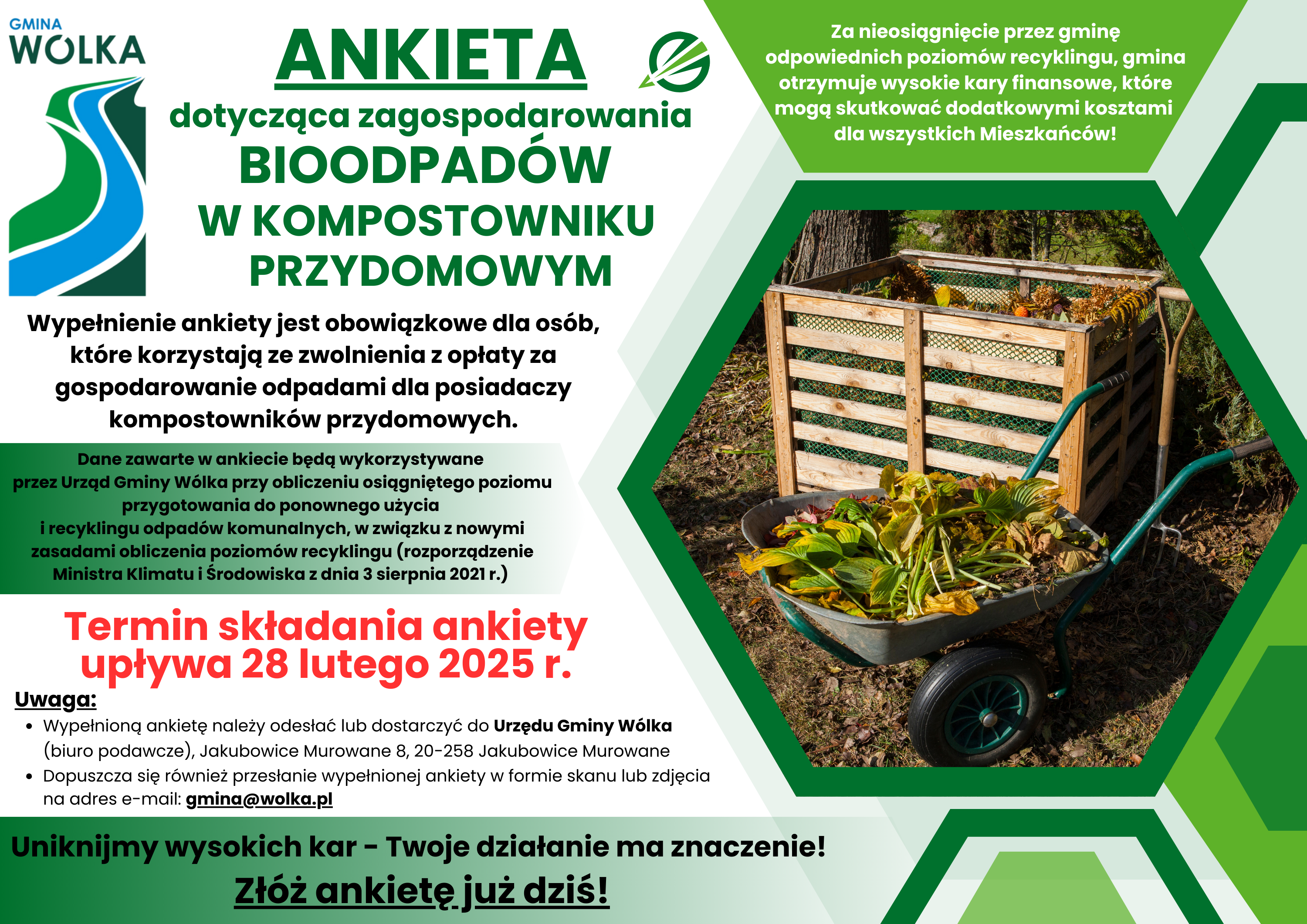 Plakat promujący ankietę o gospodarowaniu bioodpadami w gminie Wólka. Zdjęcie taczki z liśćmi. Informacja o terminie składania ankiety do 28 lutego 2025 r. Kontakt do Urzędu Gminy Wólka oraz logo gminy.