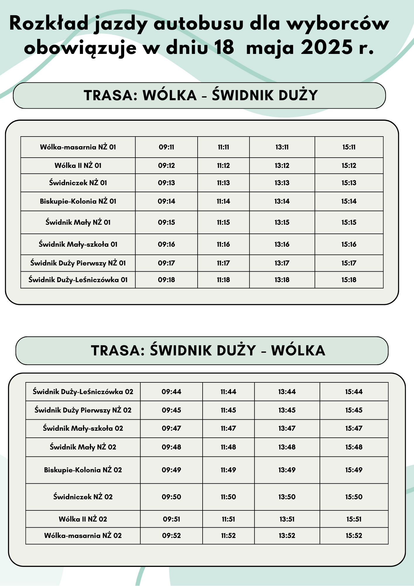 Rozkład jazdy autobusów z Wólki do Świdnika Dużego i z powrotem. Godziny odjazdów są podane w dwóch zorganizowanych tabelach, obejmujących sześć przystanków na każdej trasie. Data: 18 maja 2025 r.