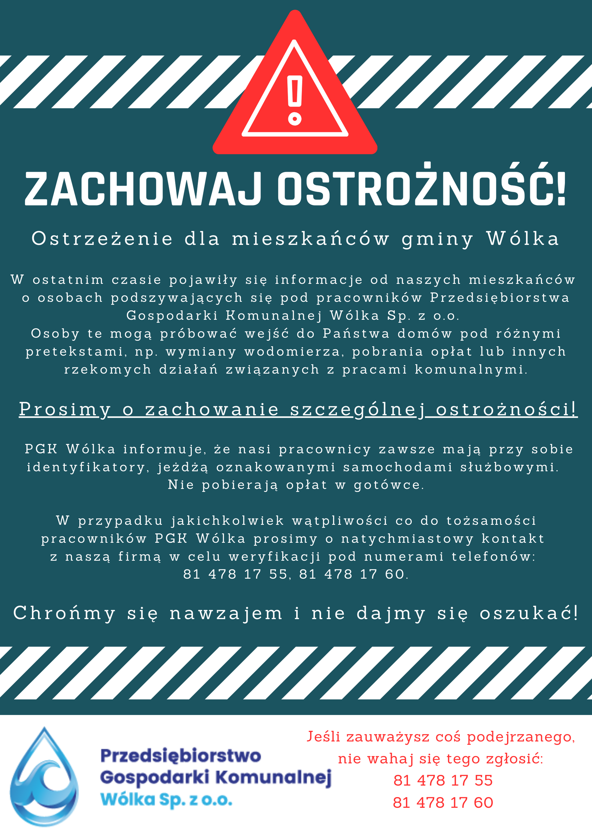 Plakat ostrzegawczy z czerwoną ikoną wykrzyknika w trójkącie. Tekst informuje o fałszywych pracownikach odwiedzających mieszkańców gminy Wólka. Kontakt do Przedsiębiorstwa Gospodarki Komunalnej Wólka na dole.