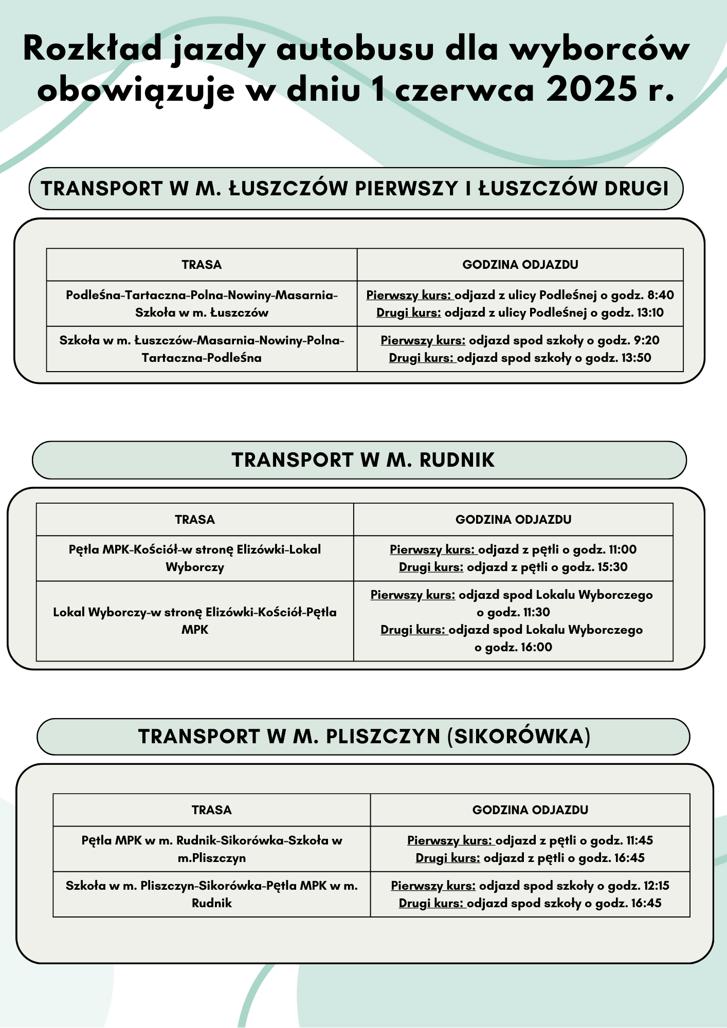 Plakat informacyjny przedstawiający rozkład jazdy autobusów na 1 czerwca 2025 roku. Zawiera szczegóły dotyczące tras i godzin odjazdów dla trzech przewoźników: Łuszczyk, Rudnik i Pliszczyk.