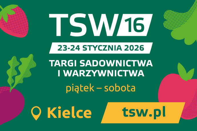 Plakat promujący Targi Sadownictwa i Warzywnictwa 2026. W centrum widnieje napis "TSW 16" oraz daty 23-24 stycznia. Tło zielone z grafiką owoców i warzyw. Informacje o miejscu: Kielce, strona: tsw.pl.