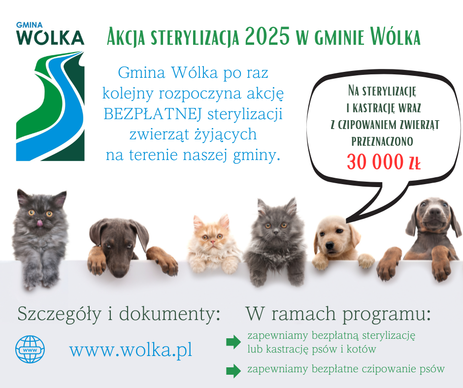 Siedem zwierząt siedzi na białym tle, każde trzyma tabliczki z informacjami o bezpłatnej sterylizacji w gminie Wólka. Pieski i kotki zachęcają do udziału w akcji, na którą przeznaczono 30,000 złotych.